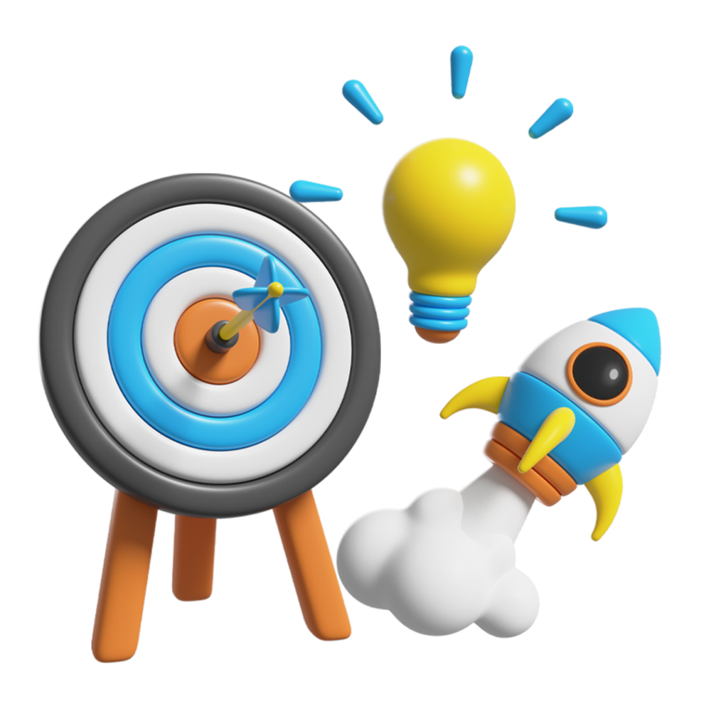 Illustration 3D représentant des objectifs marketing avec une cible, une fusée et une ampoule symbolisant la croissance et l'innovation.