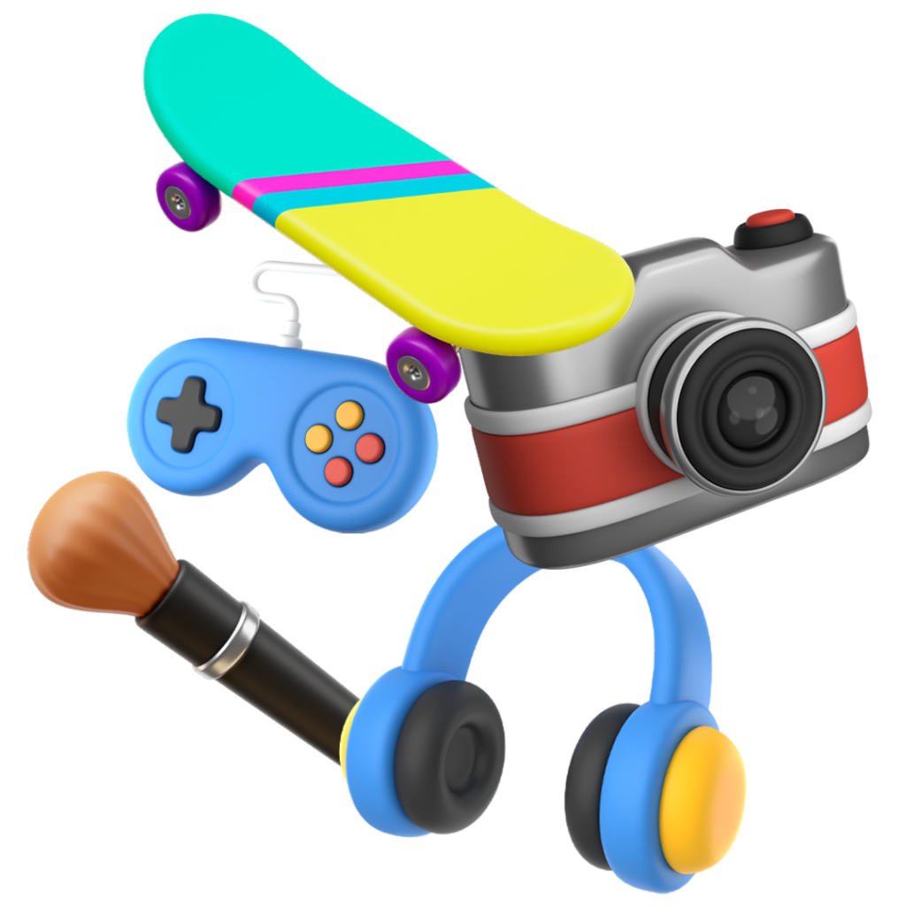 Illustration 3D d'objets symbolisant la création de contenu : skateboard, appareil photo, manette de jeu, pinceau et casque audio.